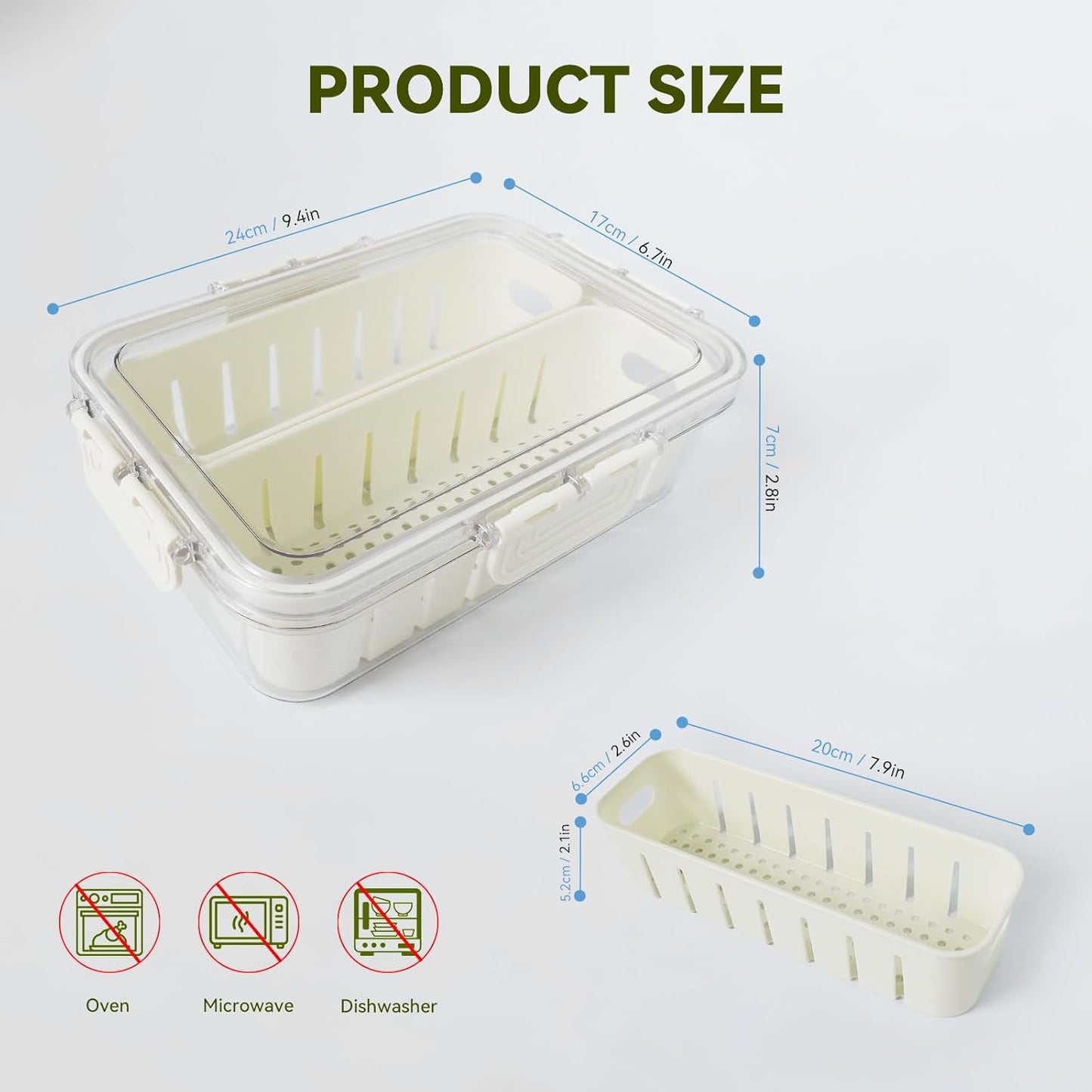 Rectangular Refrigerator Fresh-Keeping Storage Box with Drain Basket Insert 24ร17ร7cm