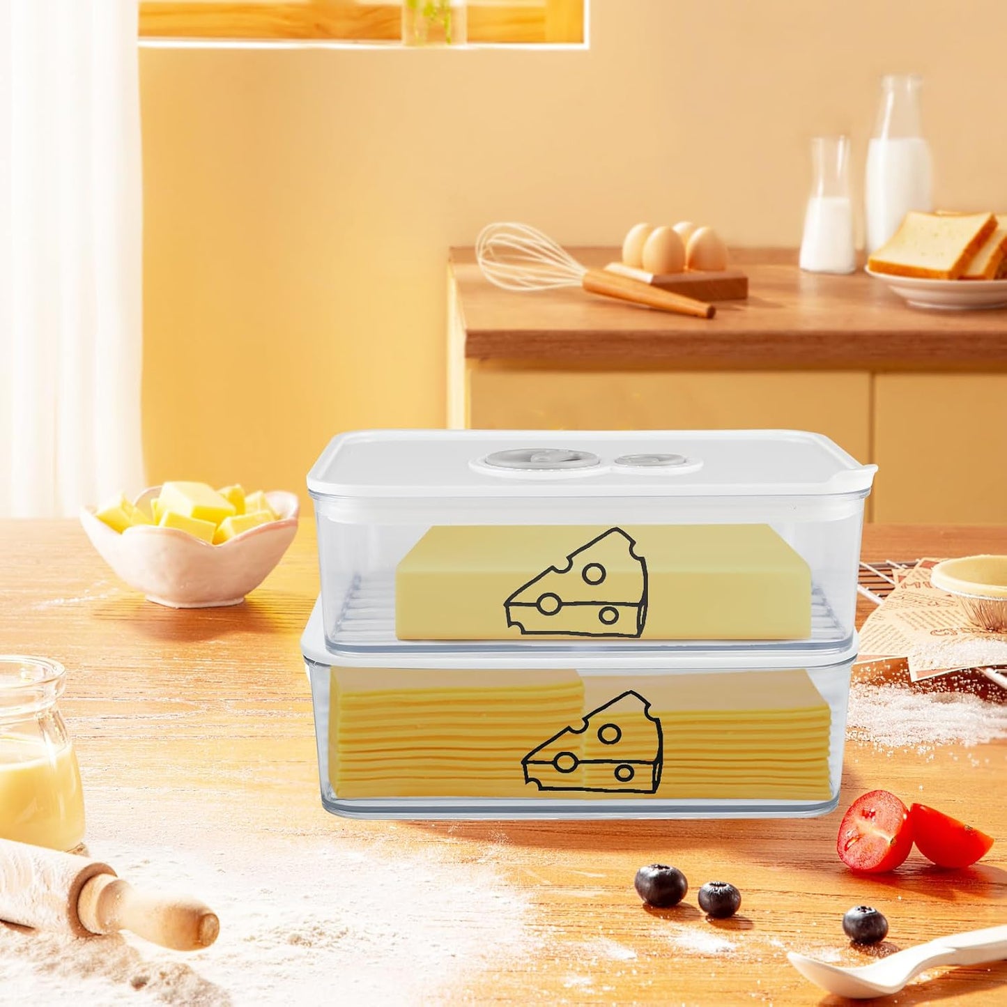 2-Pack Cheese Storage Container 1250ml Food-Grade Airtight Refrigerator Organizer