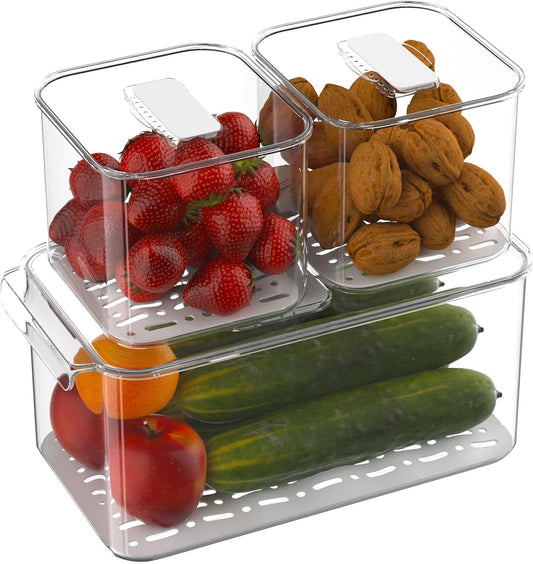 3 Pack Refrigerator Storage Containers with Draining Tray – Fresh-Keeping Boxes for Fruits & Vegetables (2 Medium + 1 Large)