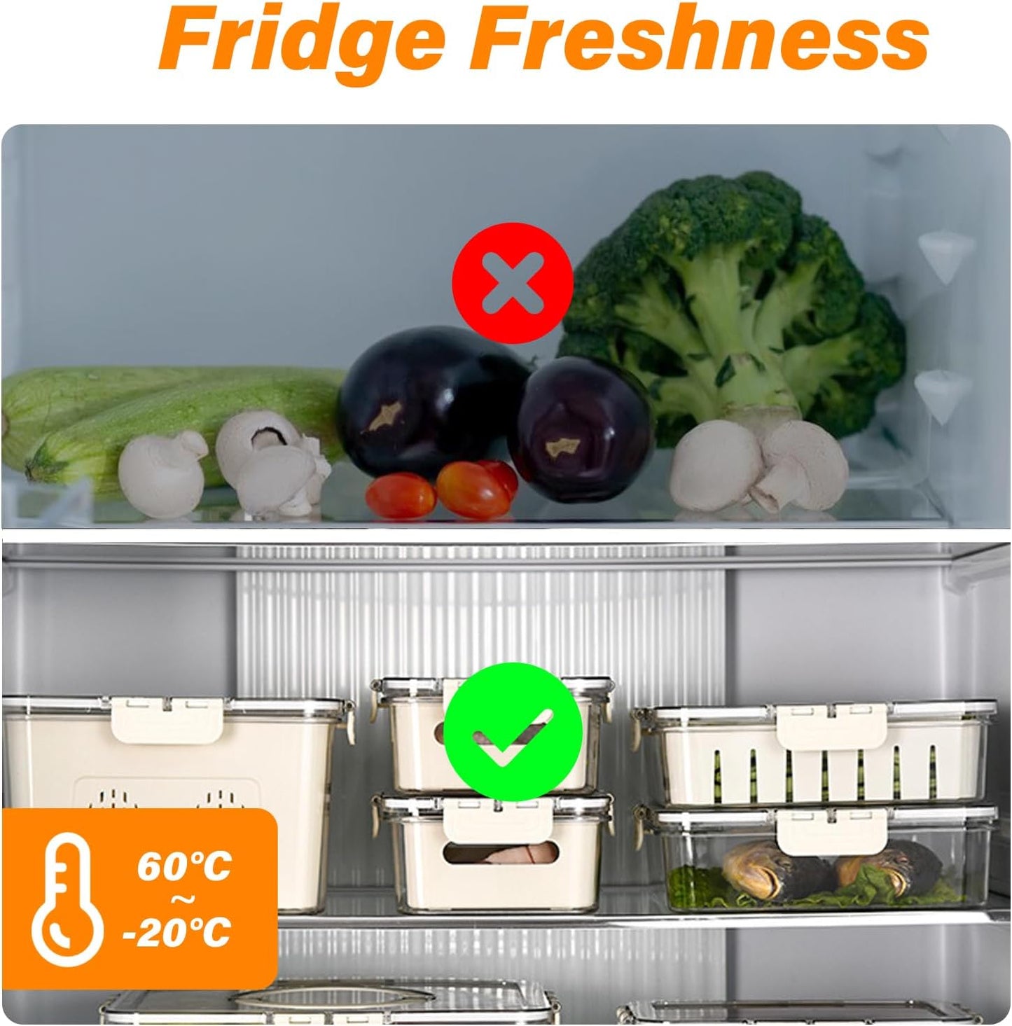 Large Capacity Refrigerator Storage Box with Dividers – Clear Food Organizer for Fresh Fruits, Vegetables, Snacks & Pantry Use