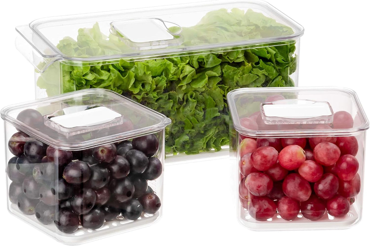 3 Pack Refrigerator Storage Containers with Draining Tray – Fresh-Keeping Boxes for Fruits & Vegetables (2 Medium + 1 Large)
