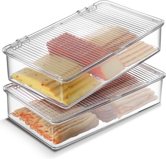 Refrigerator Organizer Bins with Lids – 2 Pack Clear Food Storage Containers for Deli Meat, Cheese, and Snacks