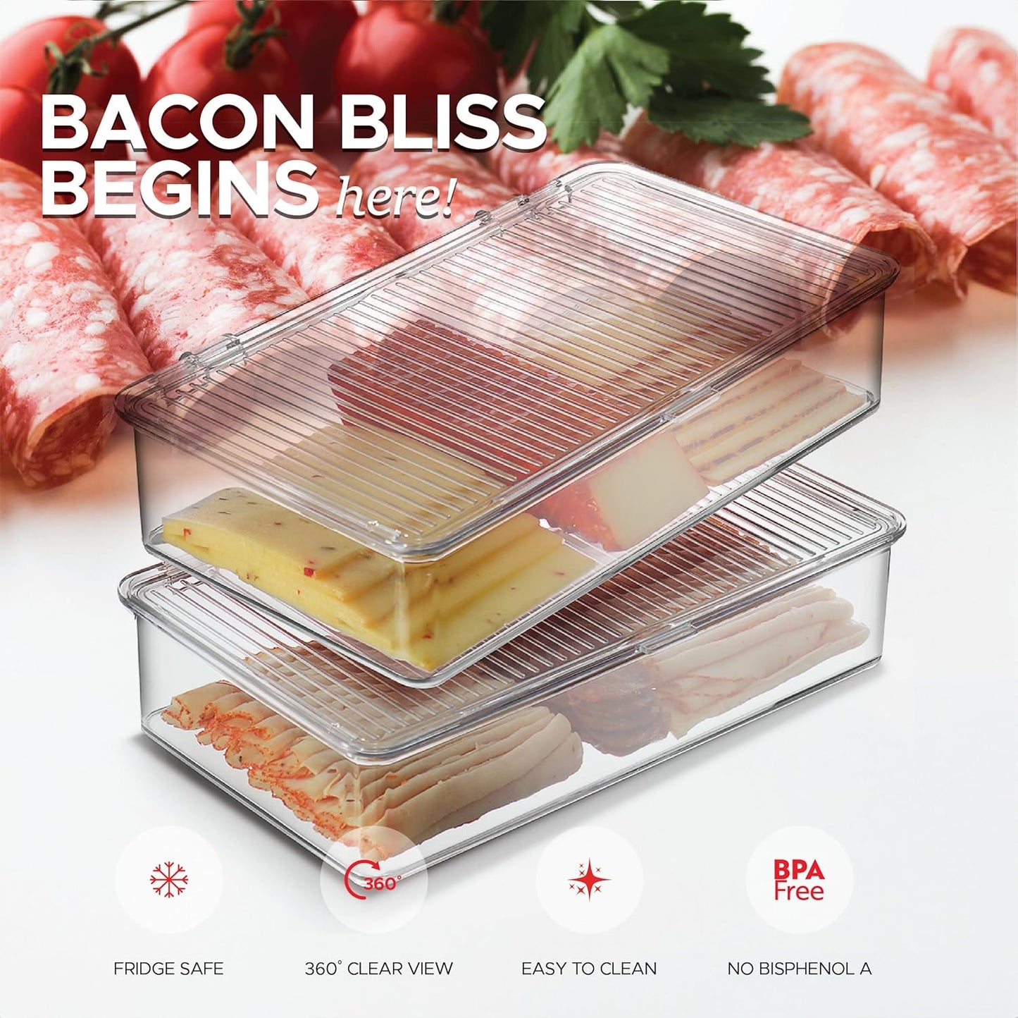 Refrigerator Organizer Bins with Lids – 2 Pack Clear Food Storage Containers for Deli Meat, Cheese, and Snacks